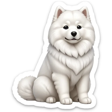 cinematic-[samoyed]-realistic-full-body-sitting-emoji,-tail-resting-loosely-beside-its-paws,-head-tilted-dramatically, -fluffy-[white]-fur,-simplified-yet-realistic-focused-features,-highly-detailed,-glowing-with-an-almost-sarcastic-glow sticker