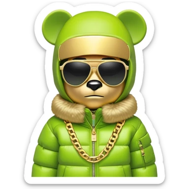geometric bearbrick in lime balaclava with brand logos, luxurious puffy winter jacket with fur collar, futuristic one-piece shield sunglasses, multiple gold chains, hip hop style sticker