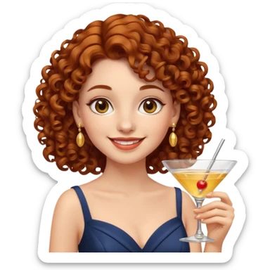 young elegant lady emoji, curly auburn hair, cocktail dress, gold earrings, warm smile sticker