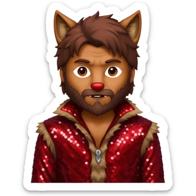 The Wolf Man with tan skin brown hair and fur, dark red sequin outfit sticker