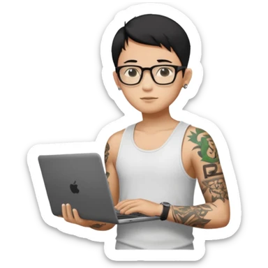 A young boy with A macbook laptop, black straight short hair, wearing glasses, wearing a tanktop, has tattoos, he is asian, no earrings, he's holding a laptop

Add the letters "P I F" floating around sticker