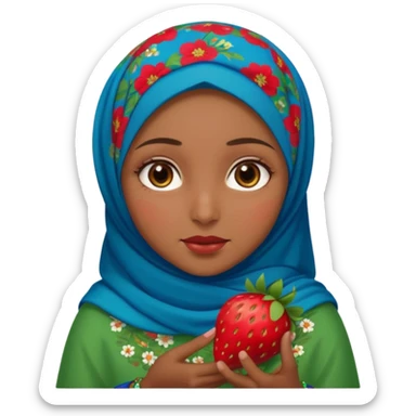 Turkish beautiful finish Konya girl brown eyes with red blue green flowers hijab and brown islamic dress and had on her hand strawberry  sticker