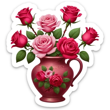 Oil painting of roses in vintage vase, brushstrokes sticker