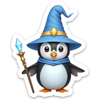 penguin wizard with a pointy hat and magic staff, whimsical emoji style sticker