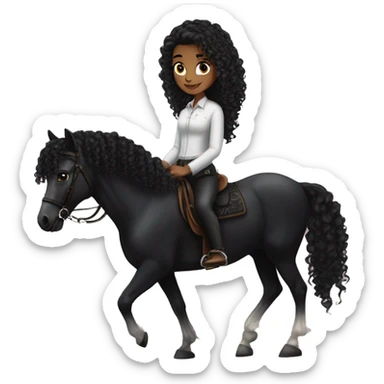 White girl, long black curly hair, next to a black Arabian horse sticker