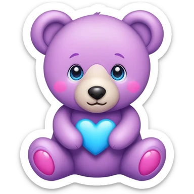 teddy with blue eye and pink-purple-blue heart sticker