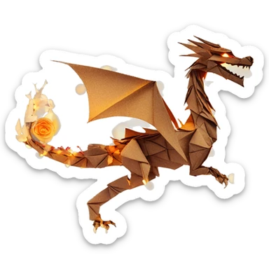 Charred flaming Beige Origami dragon made of newspapers on fire letters on fire burnt paper surrounded by fairy lights swirls covered in dried flowers bokeh floral flowers fire flames sticker