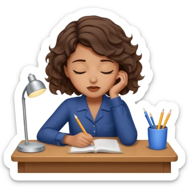 Pretty brown model, brown eyes, soft short wavy hair, falling asleep at desk sticker