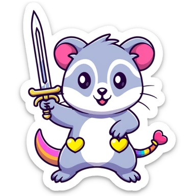 A rainbow-colored possum in heroic pose holding a jewel-encrusted sword, with glitter, hearts, and neon colors sticker
