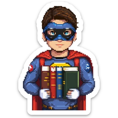student with superhero mask and books sticker
