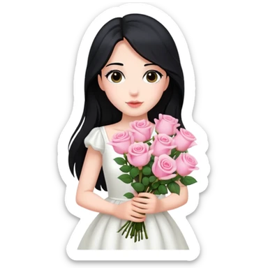 A beautiful girl with long black hair and a white dress is holding a bouquet of pink roses sticker