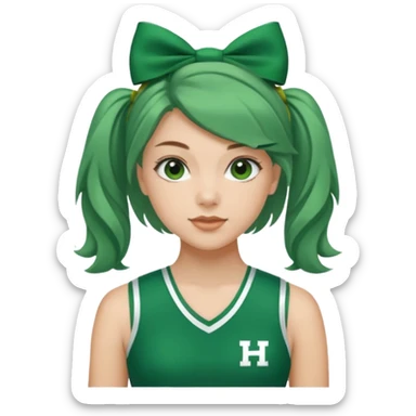 Sydney Taylor with green Hawkins Cheerleader no sleeve uniform, green bow on her hair sticker