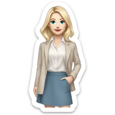 pale skin woman interior designer with cold blonde middle length hair, blue eyes, beige blouse, White oversize jacket, Gray skirt holding a color palette in the hands sticker
