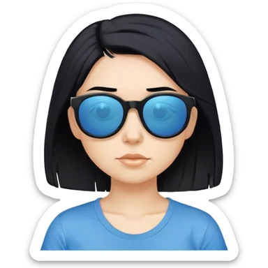 A girl with black bob hair with pony, wearing black sunglasses，funny looks， a blue t-shirt. sticker
