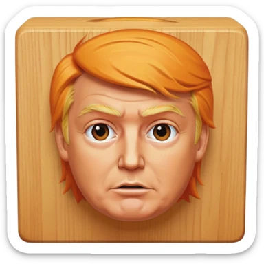 donald trump facial features and hair on a square wooden block sticker