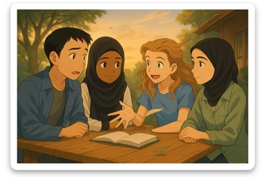 Keep the original faces as much as possible. Another student from the group (not the blonde girl) is about to speak, looking a bit hesitant, while the others listen attentively. The wind is blowing, causing hair and clothes to move slightly, and the pages of the book to lift due to the wind. Maintain the same outdoor ambiance and setting in Ghibli style. sticker