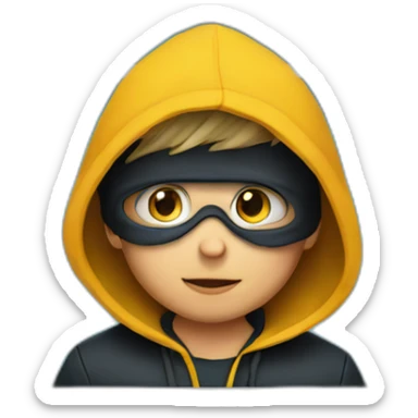 Young boy with a hood behind his computer and focus on his code  sticker