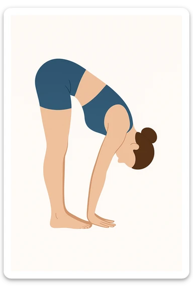 "Minimalist flat vector illustration of a woman doing yoga in forward fold pose (Uttanasana), wearing sportswear (blue top and blue shorts), brown hair in a bun, clean white background, no face details, elegant style" sticker
