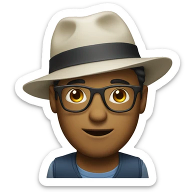 A man with upside glasses and hat sticker