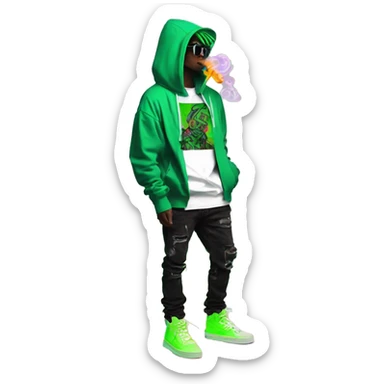 Multicoloured neon black and green graffiti person smoking wearing hoodie dancing hip hop bucket hat tropical Skater fashion aesthetic baggy clothes graphic t shirt 420 sticker