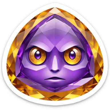 Single gemstone amethyst character, warm golden citrine, squat and heavy like a rock, with carved facets with eyes sticker