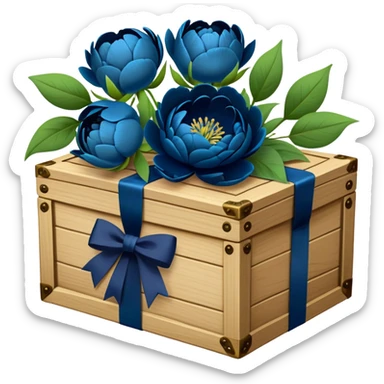 An antique wooden box filled with love blue letters tied with deep green bows, accompanied by a bouquet of navy blue peonies. sticker