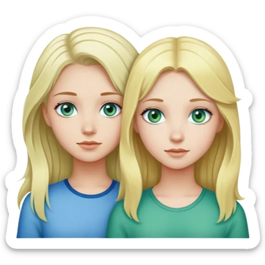 two girls, both blonde. one with blue eyes and one with green eyes. the one with blue has pin straight hair, and the one with green has wavy-ish hair. sticker