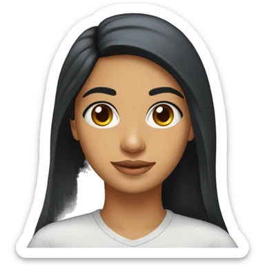 A head and shoulders shot of a 33 year old South Asian woman, with long black hair,   with brown eyes wearing a t-shirt. sticker