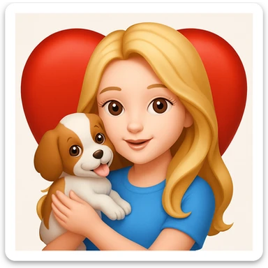 Add a heart background behind the girly girl with long hair playing with a puppy in the style of emoji (apple style emojis). Keep the emoji style look and feel. sticker