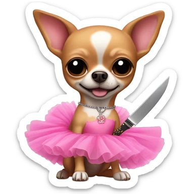 Chihuahua wearing a pink tutu holding a knife sticker