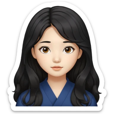 Korean girl with long black hair that is slightly wavy, with a middle part and face framing hairstyle. Asian eyes, brown colored eyes sticker