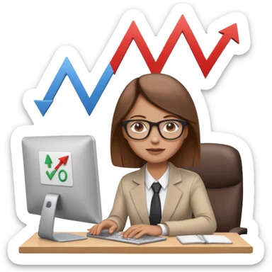 A person sitting at a desk working and looking at a computer with upward arrows and percentage signs, suggesting digital sales, marketing, or outreach. sticker