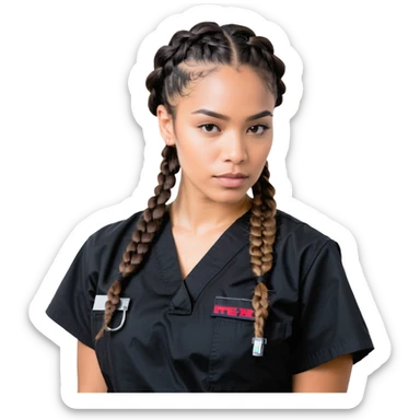 A 40-year-old Latina woman with light brown skin, working as a car mechanic, wearing all black mechanic scrubs, with two braids pulled back from her head sticker