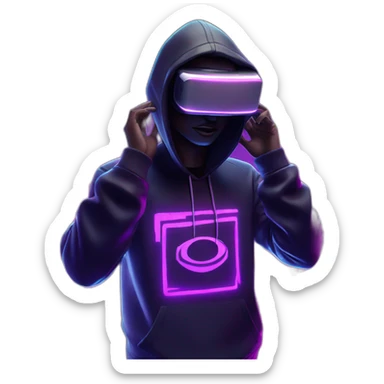 Donald Trump wearing a black hoodie with "OMG" letters on it and VR headset in a cyberpunk VR environment with violet neon lighting. sticker