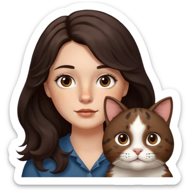 Uzun koyu kahverengi dalgalı saçlı, çenesinde beni olan ve yüzünde biraz çiller olan, iri koyu kahverengi bol kirpikli gözlü sevimli bir yüzü katlı kesim bir saçı olan kadın yap yanına da kilolu kahverengi bir kedi yap sticker