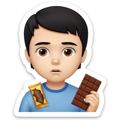 a PRETTY BRATZ boy with black hair eating chocolate and looking sad sticker