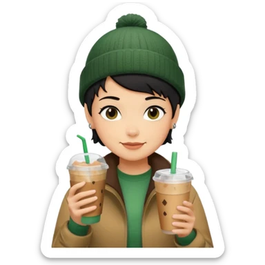 tan skin, non binary person with pixie cut black hair, wearing brown jacket and dark green beanie, shy smile , holding iced coffee  sticker