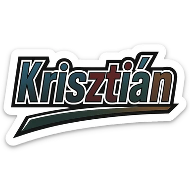 Text design of the name 'Krisztián' in a masculine, modern gradient font with precise Hungarian characters, dark contour, extra thick, prominent white border as in the uploaded sample, dynamic slanted underline, masculine color shades including blue, gray, burgundy, green, and brown, 1000x1000 px, PNG, transparent background. sticker