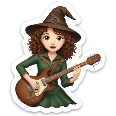 Brown eyes, brown hair curly forest witch playing electric guitar sticker