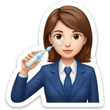 Mom with brown hair in business suit drinking milk and holding a vaccine syringe sticker