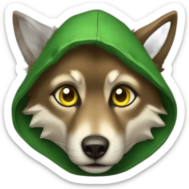 small brown wolf with yellow eyes and a green hood that sadly sticker