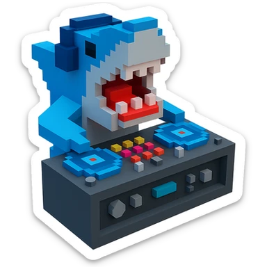 voxel style shark with dj set, open mouth, blocky, blue and silver, no background sticker