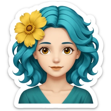 A woman with wavy teal-blue hair styled in loose curls. Her hair is adorned with large golden-yellow flower petals She has soft brown eyes, smooth skin, and a small friendly smile on her face. sticker