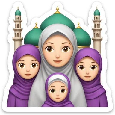 A picture of a mother with several daughters around her, the mother is wearing a veil and they are all in an Iranian Muslim mosque. Cartoon. 3D sticker