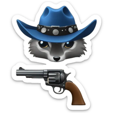 blue wolf. black cowboy hat, cowboy revolver sticker