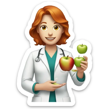 red hair nutritionist using glass with apple sticker