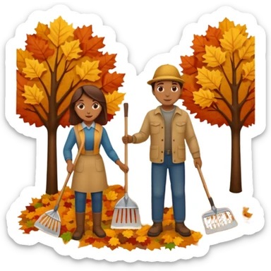 a couple man and woman racking leafs sticker