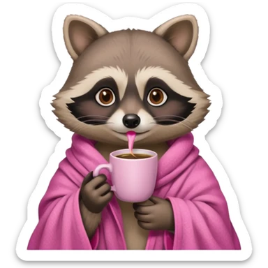 Female raccoon drinking coffee with pink blanket over her shoulders  sticker