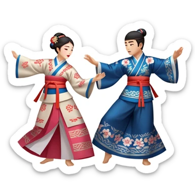 Cinematic Realistic scene of two performers engaging in Ganggangsullae, dressed in traditional Korean costumes with intricate patterns and graceful movements, illuminated by soft, festive lighting that accentuates the cultural ambiance sticker