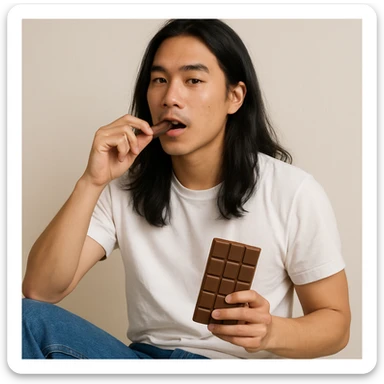 long haired Asian man eating chocolate, casual pose, white T-shirt and jeans, simple background sticker